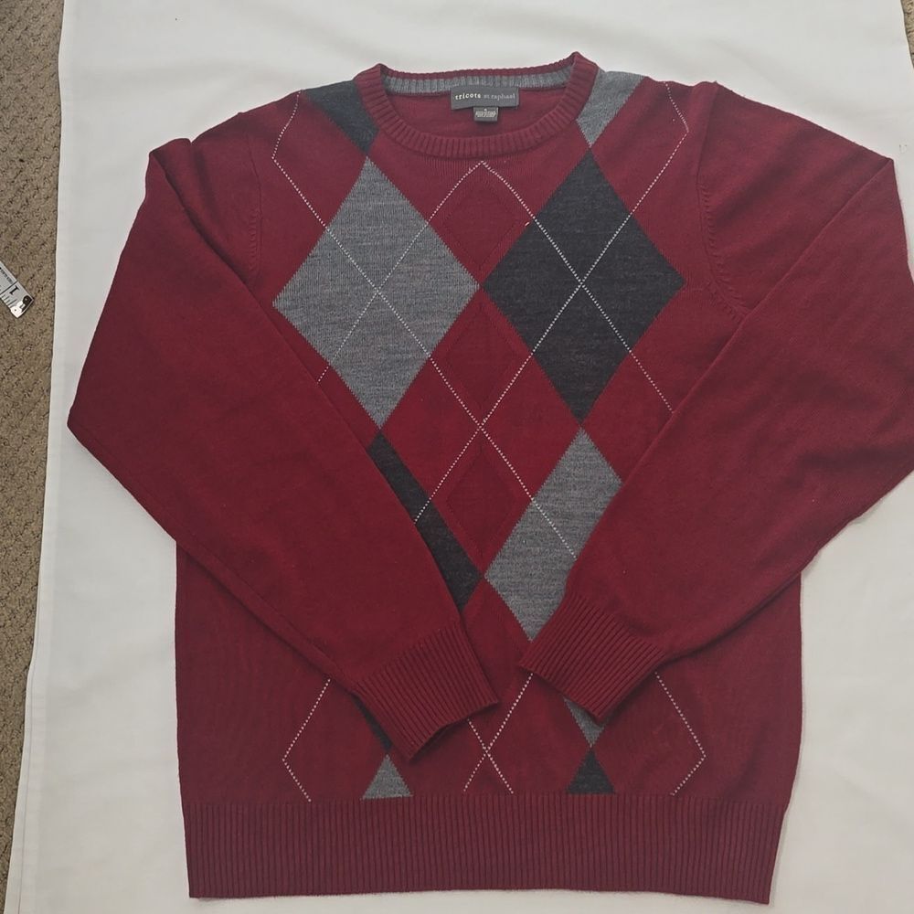 Tricot St Raphal Mens‎ Diamond Plaid Argyle Crewneck Sweater Dark Red S